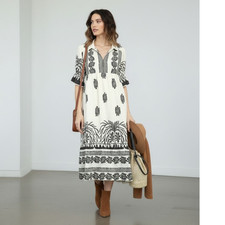 Border Print Boho Midi Dress Puff Sleeves Split Neck Lined Cream Black L