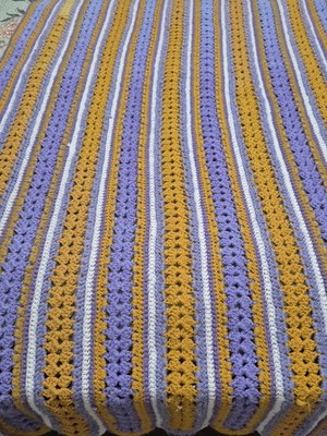 Handmade Knit Purple & Gold Afghan Blanket Throw Mile-a-Minute Pattern 75'' x 38''