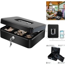 Large Metal Cash Box with Removable Money Tray & Key Lock Portable Security Safe