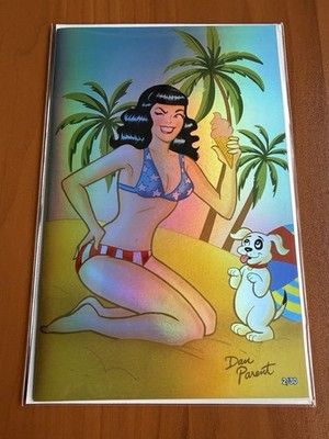 Fantasy World Bettie Page FOIL 4th July Pin-up Stars Stripes Bikini Island Beach