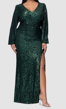X By Xscape Women's Green Long-Sleeve Sequin Side-Slit Sheath Gown Plus Size 22W