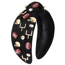Black Football Headband Women Beaded Rhinestone Crystal Knotted Jeweled Mom