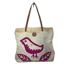 Tory Burch Large Tote Off-White Canvas w/ Vibrant Pink Lorenzo Bird Motif Bag