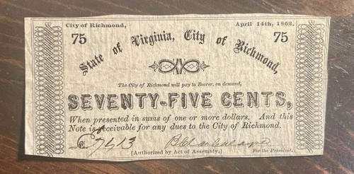 75c Fractional 1862 City of Richmond Virginia Currency Bank Note Money Civil War