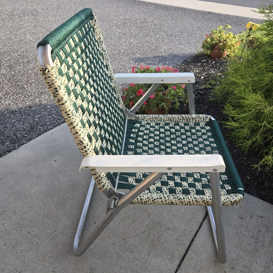 Silla Plegable Macramé Patio Césped Verde y Blanco Tablero de Cuadros Marco de Aluminio Foto 3 de 4