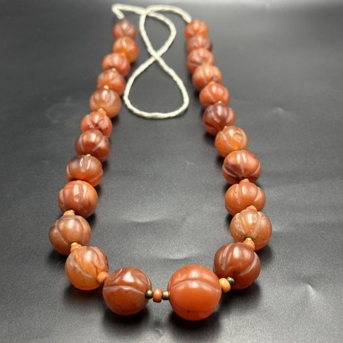 Vintage Himalayan Tibetan Carnelian Carved Agate Melon Shape Beads Necklace