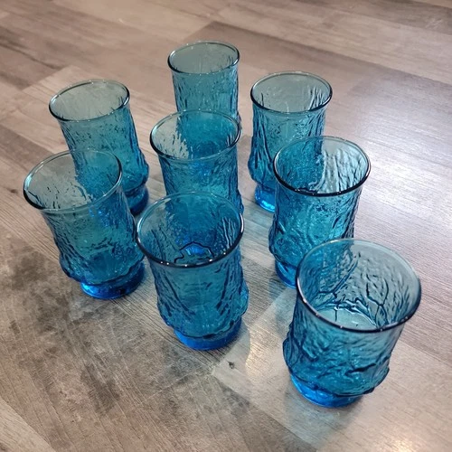 Set Of 8 Juice Glasses Anchor Hocking Rainflower Laser Blue VINTAGE 4"