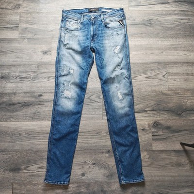 Replay Anbass Slim Fit Distressed Jeans Herren W33 L36 Blau Waschung Stretchig