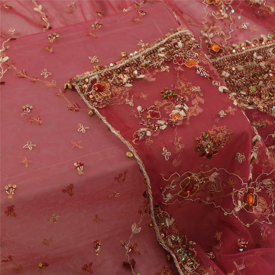 Velo de cuentas a mano de seda pura estola larga Dupatta india rosa vintage sánskriti Foto 3 de 4