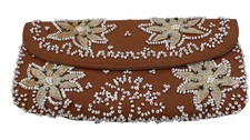 Vintage Rust Fabric Beaded Floral Embroidered Clutch Purse Snap Closure 9x5"
