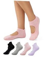 4 Pairs Pilates Socks with Grips for Women,Crew Non Slip Black Gray Pink Purple