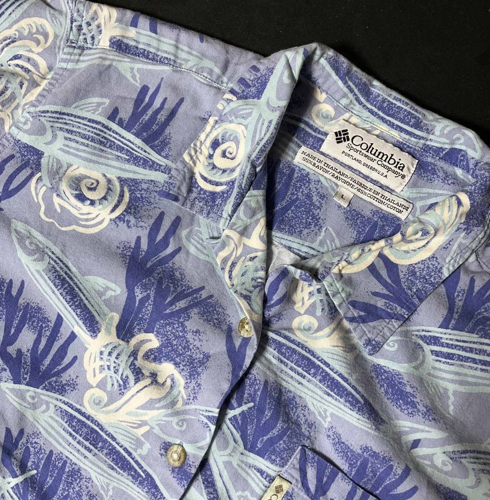 Columbia Hawaiian Shirt Mens Large Blue Tropical Fish Print Short Sleeve Beach