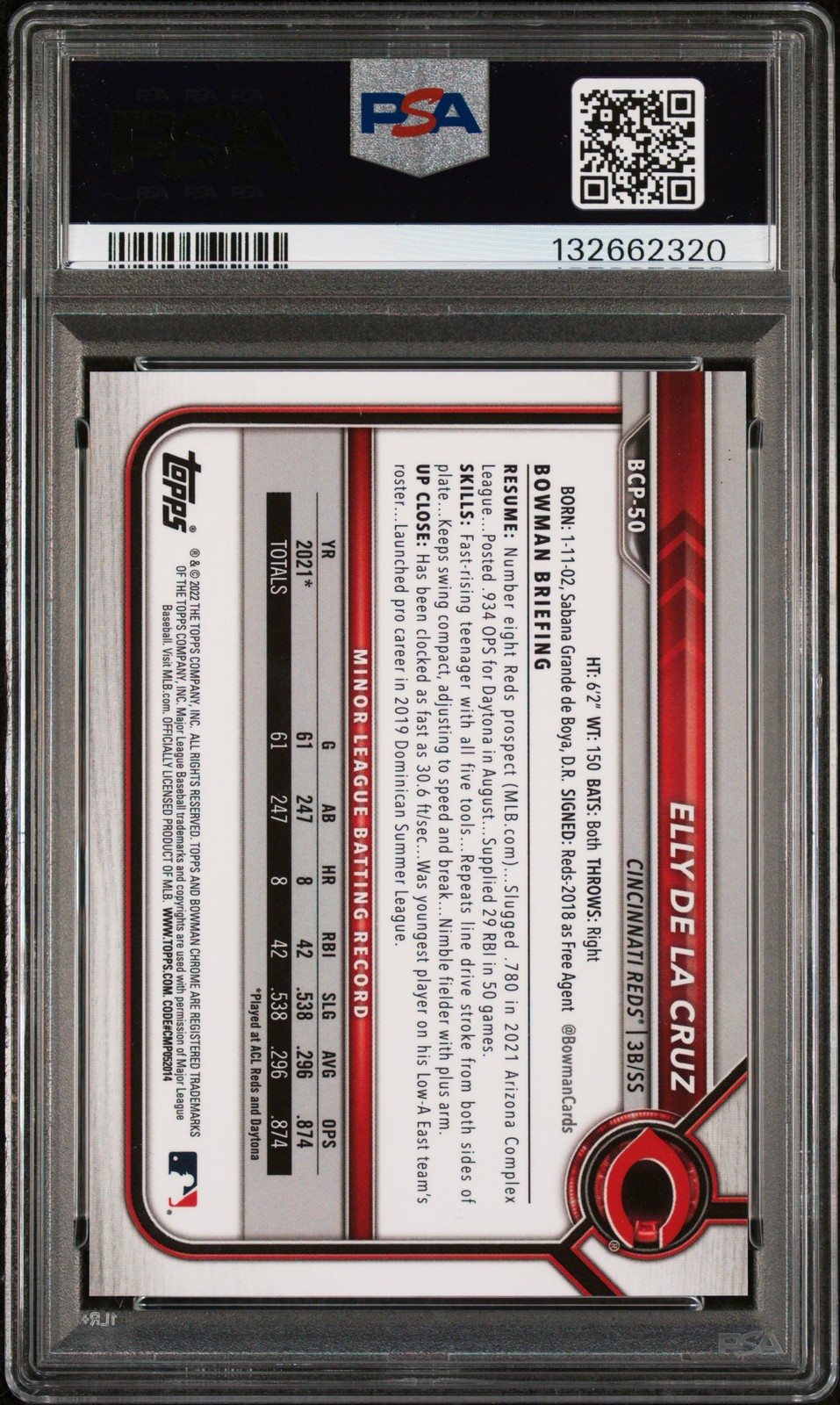 2022 BOWMAN MEGA BOX CHROME BLUE REFRACTOR #50 ELLY DE LA CRUZ 19/150 PSA 9 view 2