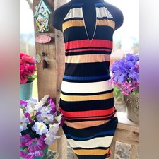 Fashion Nova Black & Red Striped Sleeveless Cut-Out Neckline Mock Collar Dress
