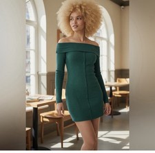 Wild Fable Off Shoulder Long Sleeve Bodycon Mini Dress Green L Stretch Button