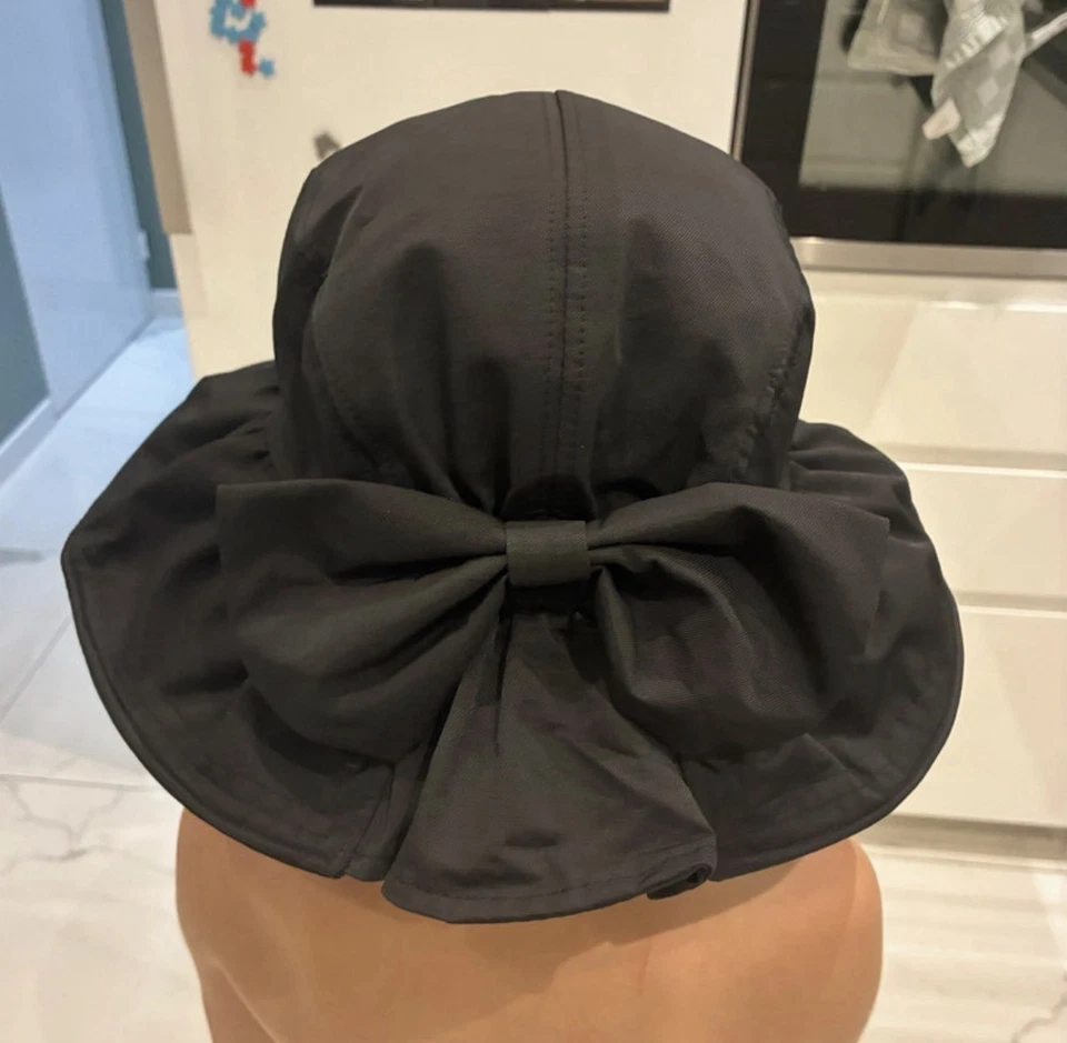 Chapeau femme noir uni à large bord avec grand nœud et cordon de serrage, M - Photo 2/4