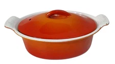 Vtg Orange Descoware Enameled Cast Iron Small Oval Casserole With Lid