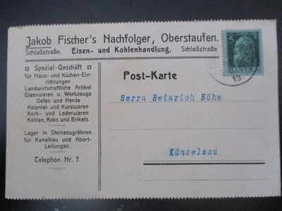 (2146) Firmenpostkarte Eisen & Kohlenhandel Jakob Fischer, Oberstaufen 1913 - Bild 1 von 2