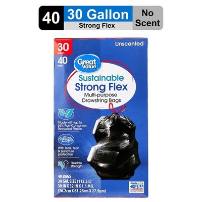 Grat Sustainable Strong Flex Multi-Purpose Drawstring Bags, 30 Gallon, 40 Count