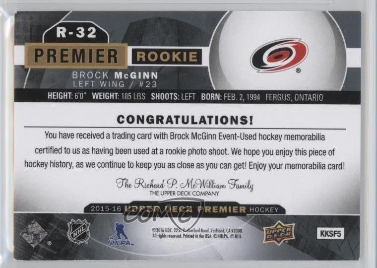 2015-16 Upper Deck Premier Rookie Set Jersey Brock McGinn #R-32 RC - Image 2 of 2