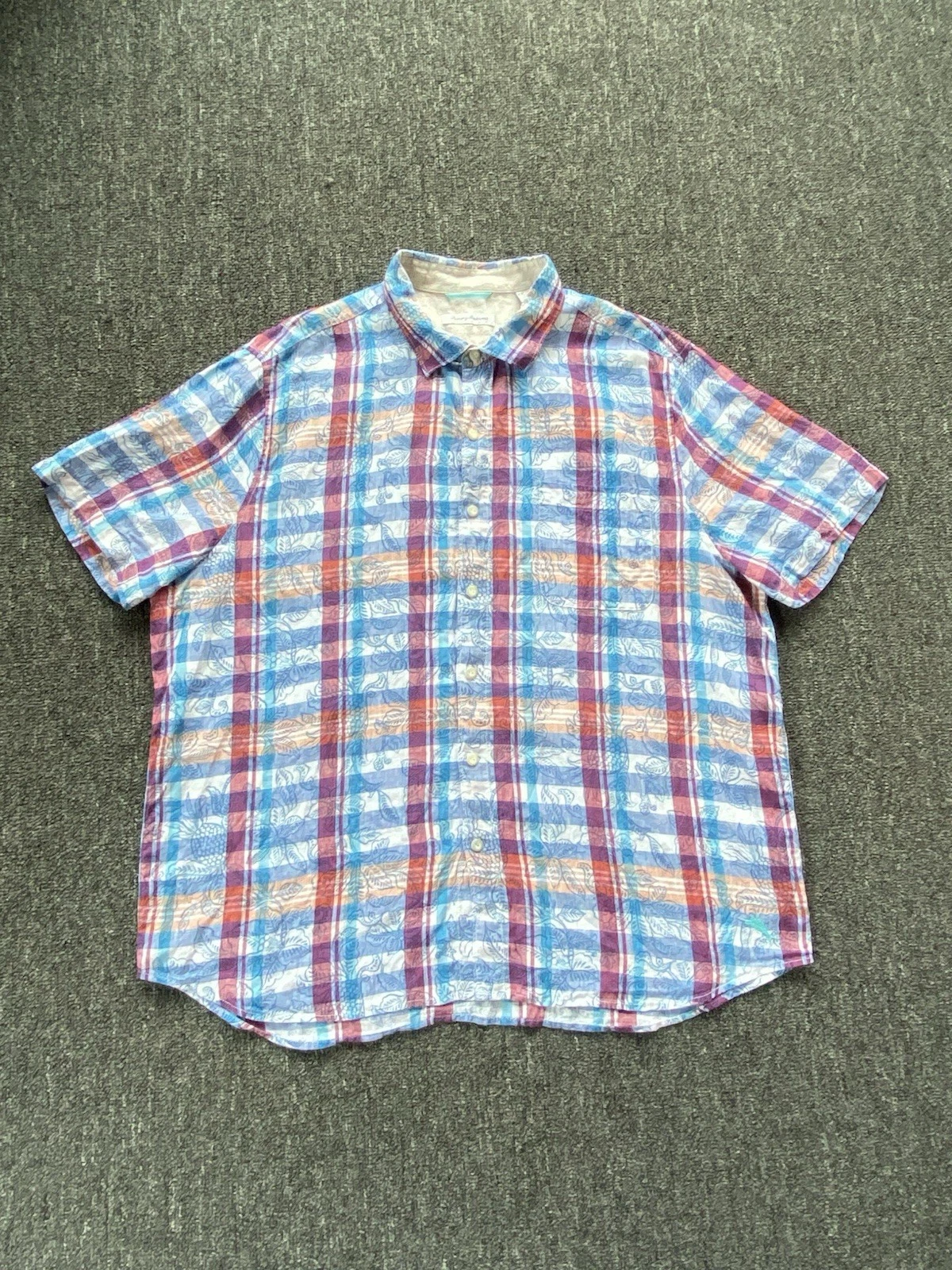 Tommy Bahama Linen Shirt Size XXL Blue Floral Plaid Aloha Hawaiian Everyday
