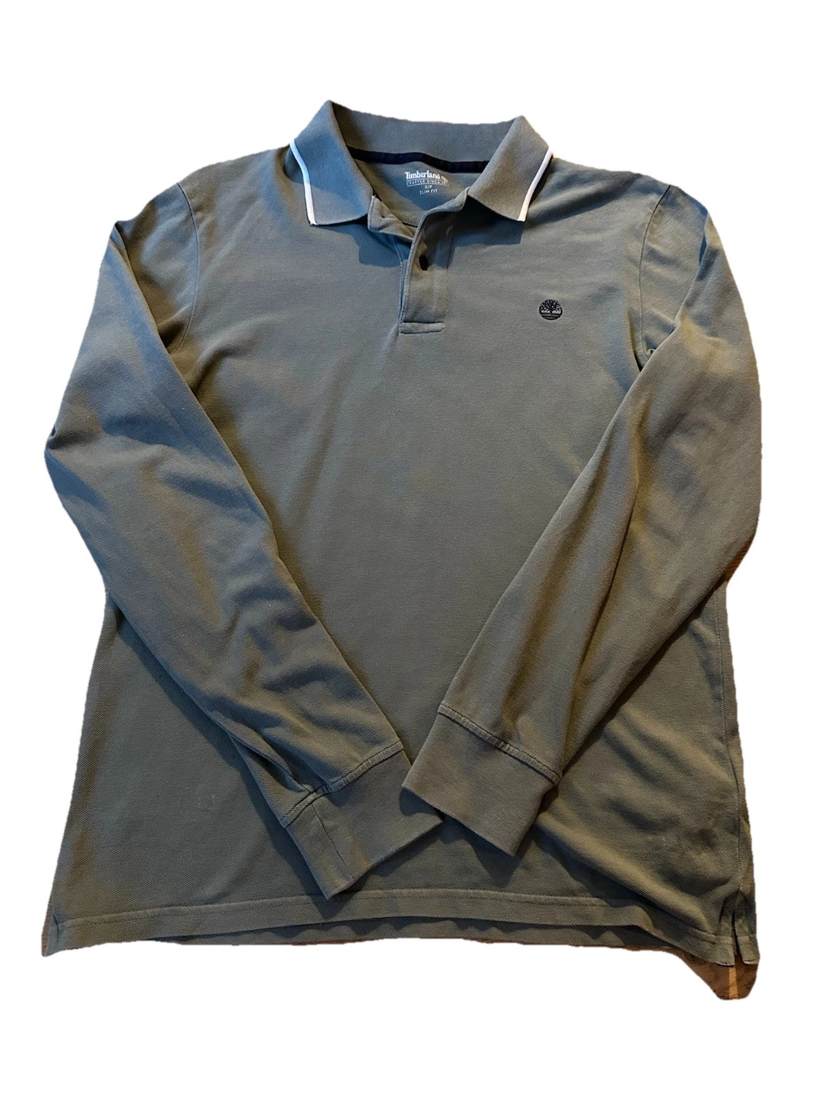 Timberland Green Long Sleeve Polo Shirt S Slim Fit Cotton Logo Top Casual