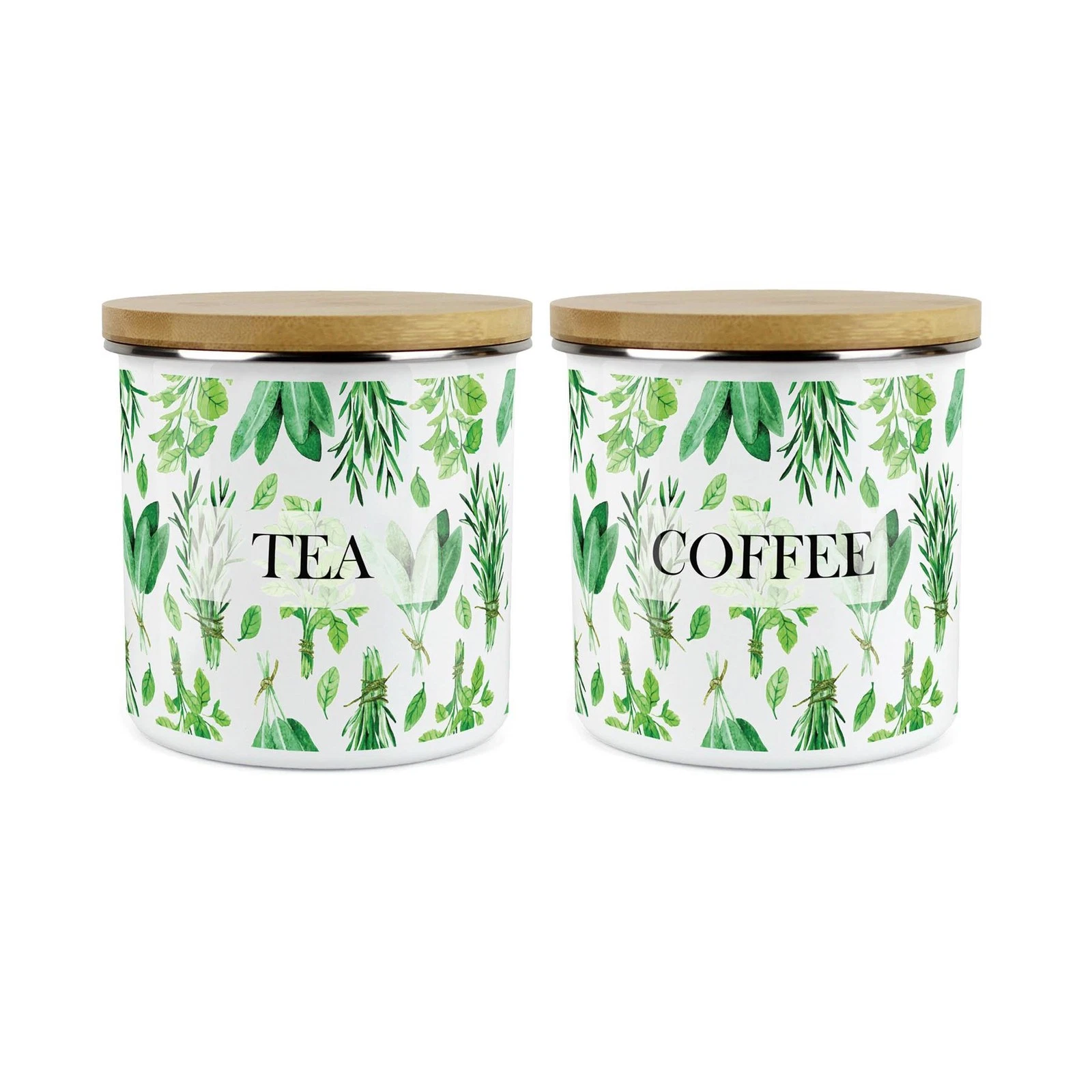 Tea & Coffee Canisters - 3x Kitchen Herbs Enamel Airtight Jar Storage