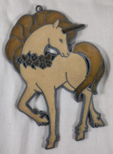 Vtg Stained Glass Suncatcher Window Decor Unicorn Yellow Mane Tail 5.5
