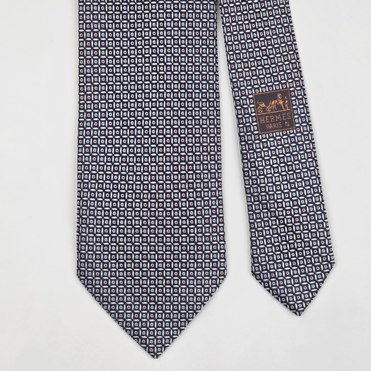 HERMES TIE 659201 T Polka Dot & Geometric on Dark Blue Woven Silk