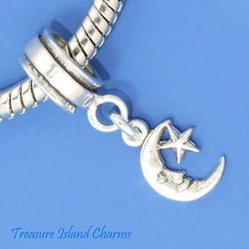 Crescent Moon and Star 925 Sterling Silver European Dangle Bead Charm Euro