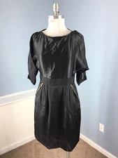 PHOEBE Couture Black Silk Dolman Sleeve dress S 6 Cocktail Party Gold Zip EUC