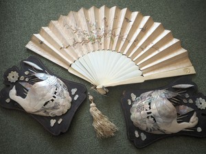 Antique Chinese Embroidered Silk Fan Embroidery Carved Mother of Pearl Holders