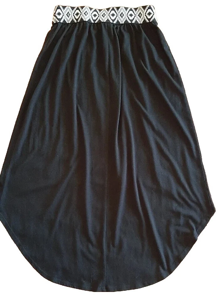 No Boundaries Sz M 7/9 Hi Low Maxi Midi Skirt Aztec Tribal Geometric Trim Blk - Image 2 of 4