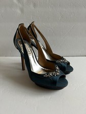 BADGLEY MISCHKA SATIN TEAL BLUE RHINESTONES OPEN TOES HIGH HEELS SHOES SZ 6.5