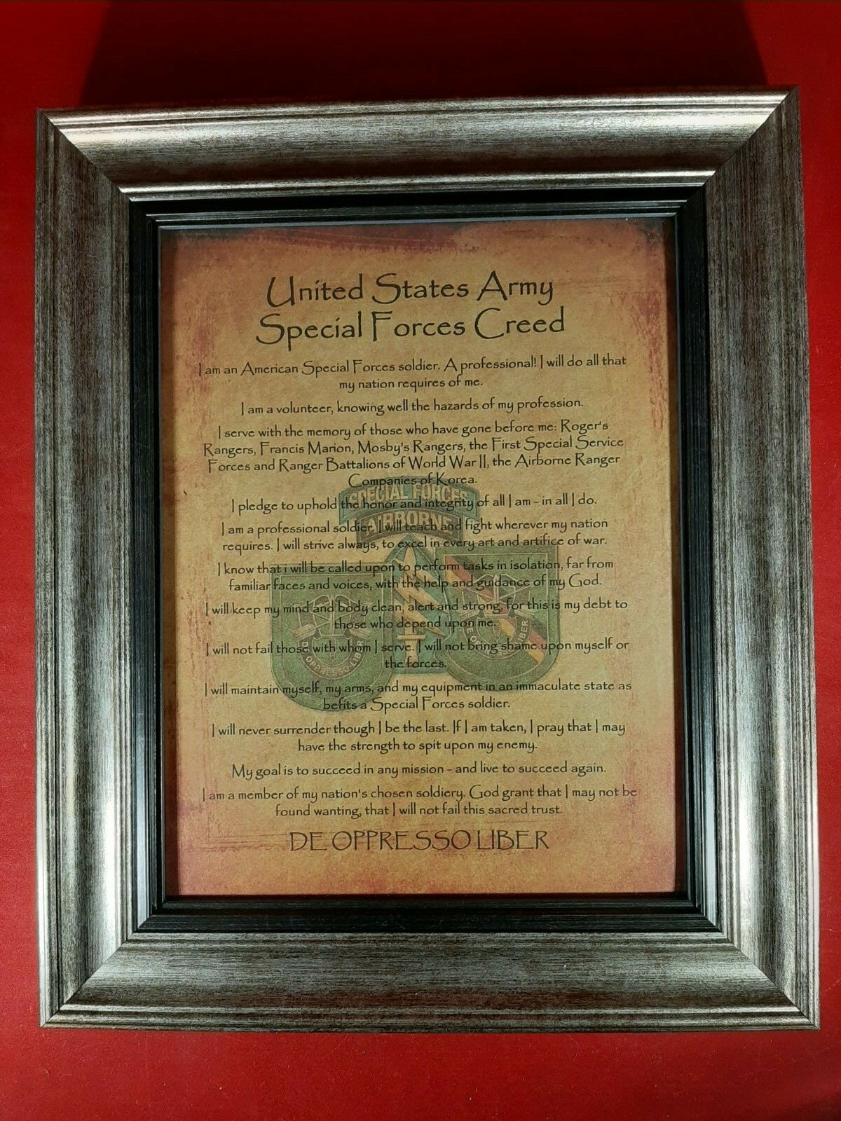 MCBETTER Army Special Forces Creed Aged Parchment FRAMED PERSONALIZED