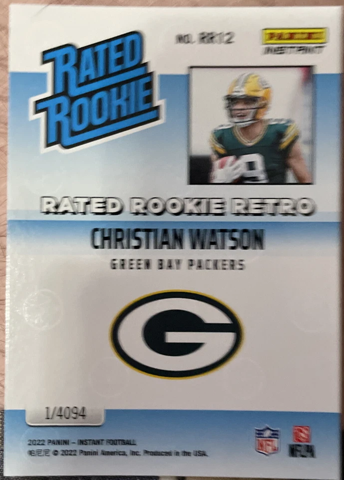 2022 Panini Instant RATED ROOKIE RETRO CHRISTIAN WATSON RC #’d 1/4094 Packers! - Image 2 of 2