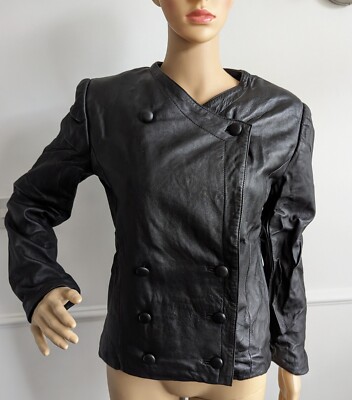 True Vintage LEATHER FORECAST Ladies Black Double Breasted Biker Jacket Size 10