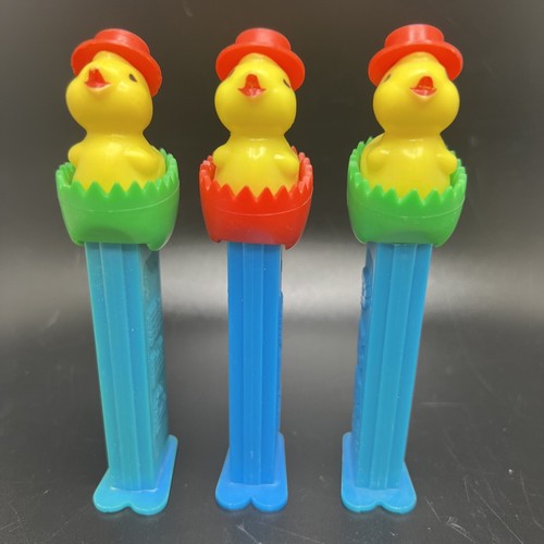 Set of 3 Pez Dispenser  Easter Chick 1994  Red Hat Green Red Grass Hungary