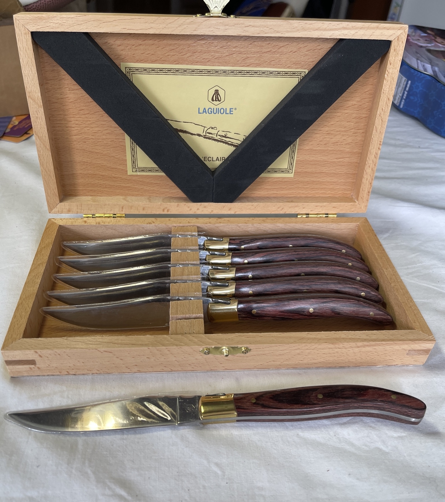 Set of 6 Laguiole Kitchen L'Eclair 440 Steak Knives Rosewood Handles
