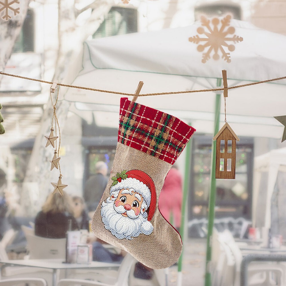 Linen Diamond Painting Christmas Socks Xmas Fireplace Hanging Stockings