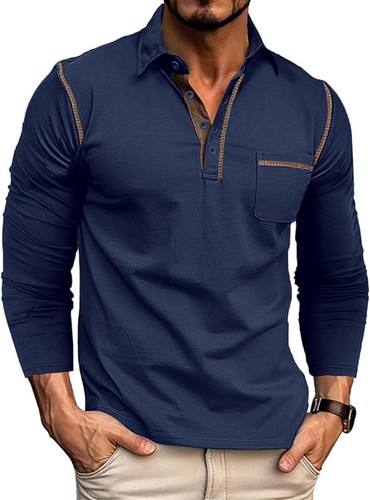 Men's Long Sleeve Polo Shirt Cotton Lightweight Button Collar Golf T-Shirt - Bild 5 von 89