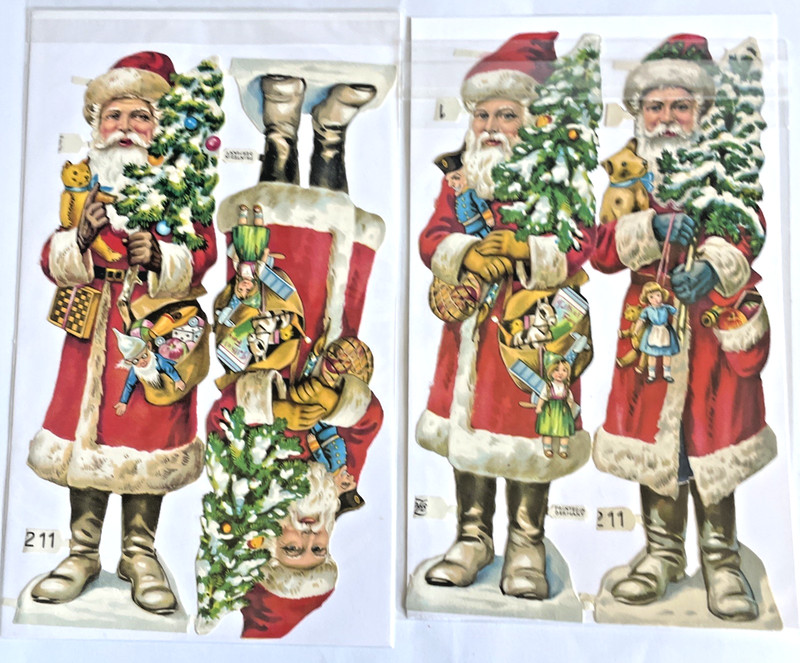 4 Die-Cut Antique P.L.B GERMANY Paper Scrap ~ VICTORIAN SANTAS w Trees ~ 9.25"
