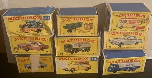 9 USED LESNEY MATCHBOX REGULAR WHEEL EMPTY BOXES 7 18 (2) 25, 32 36 38 51 62