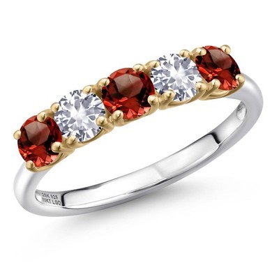 925 Silver and 10K Yellow Gold Garnet and White Created Sapphire Wedding-Bands
