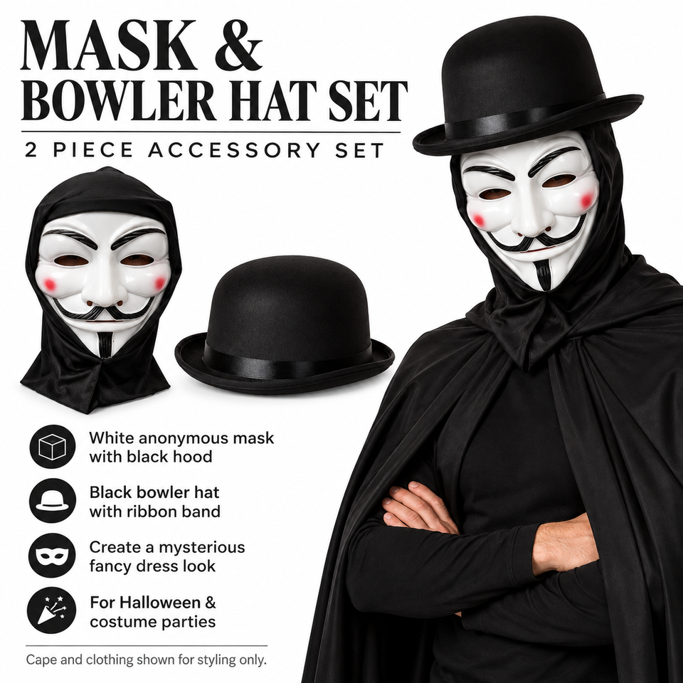 Guy Fawkes Anonymous Hacker Mask Bowler Hat Halloween Fancy Dress ...