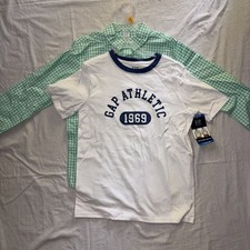 Gap Boys 2 Of Set White Logo Tshirt  Green White Plaid Button Up 10-12 Twins
