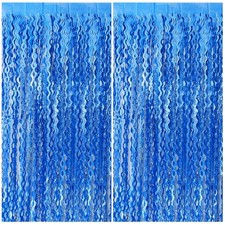 Blue Backdrop Wavy Tinsel Foil Fringe Curtains for Parties 2 Pack, Dark