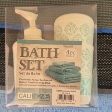 CaliHOME 4-Piece Bathroom Accessory Set Floral White Blue Plastic