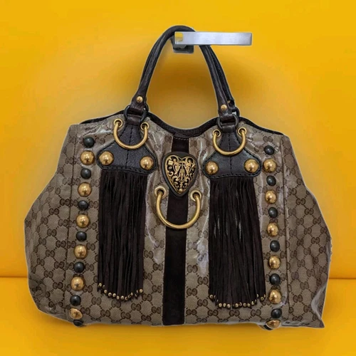 Borsa shopper Gucci GG tela rivestita babouska cuore borchie frange grande 207301
