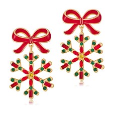 Christmas Earrings for Women Rhinestone Snowflake Red Bow Dangle Earrings Holida